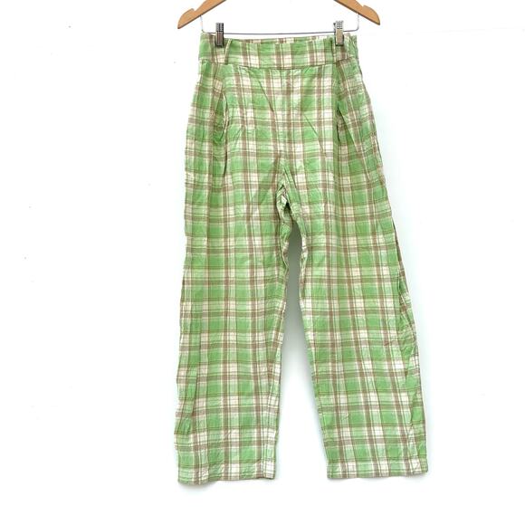 Ali Golden Pleated Pants Lime Green Plaid Cropped Wide Leg Medium High Waisted - Picture 2 of 6